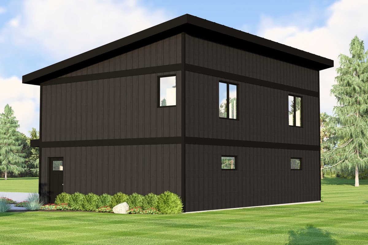 House plan exterior of a two-story modern home with a dark vertical board and batten facade, flat roof, and rectangular windows.