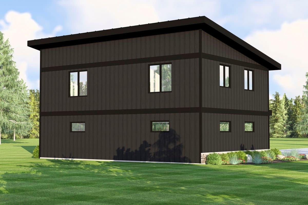Modern two-story house plan exterior with vertical dark siding, flat roof, and numerous rectangular windows.