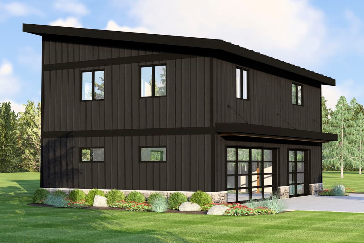 Modern house plan exterior with a flat roof, vertical siding, two stories, and a two-car garage with glass doors.