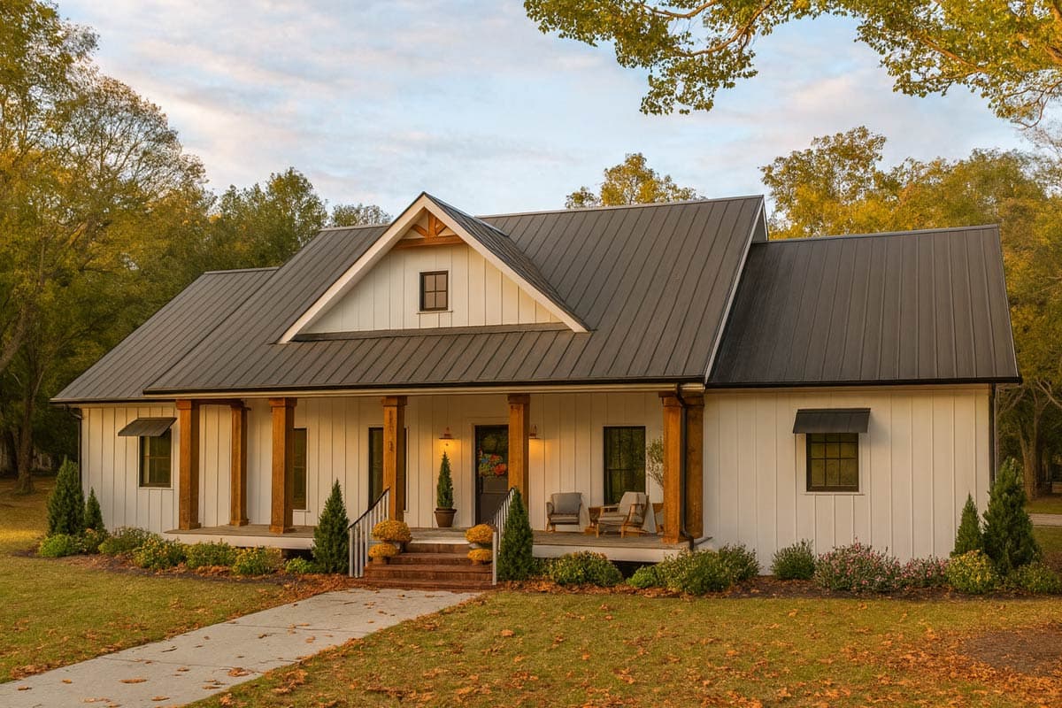 House plan exterior. Modern farmhouse-style with a single story, front porch with wooden columns, gabled roof, and dormer.
