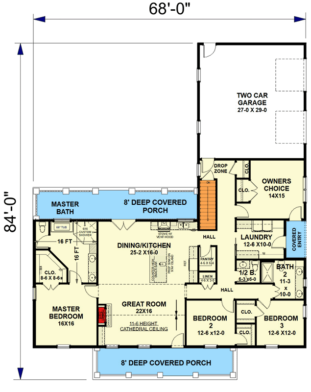 Plan 25062DH: 3-Bedroom Modern Farmhouse Plan with Flex Room - 2481 Sq Ft - Floor Plan - Main Level - Country, Modern Farmhouse, Ranch, Traditional