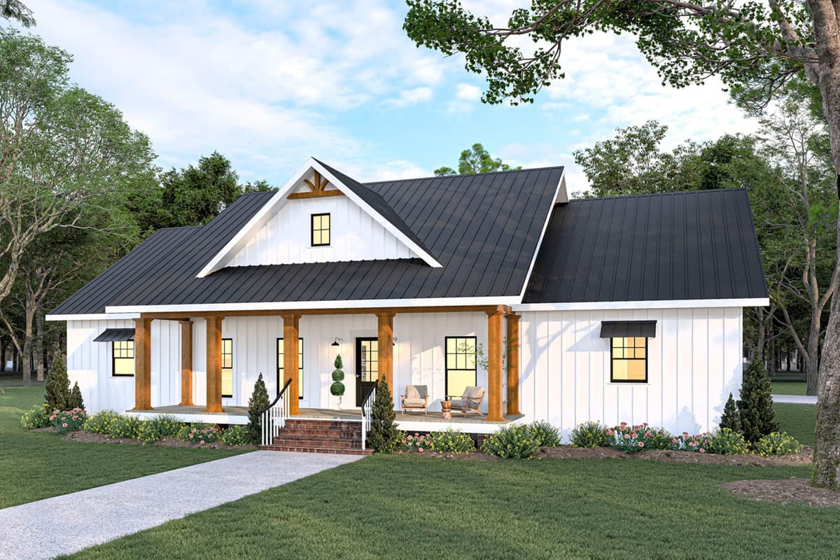 Modern Farmhouse house plan exterior with a prominent gable, deep covered porch with wood columns, and board-and-batten siding.