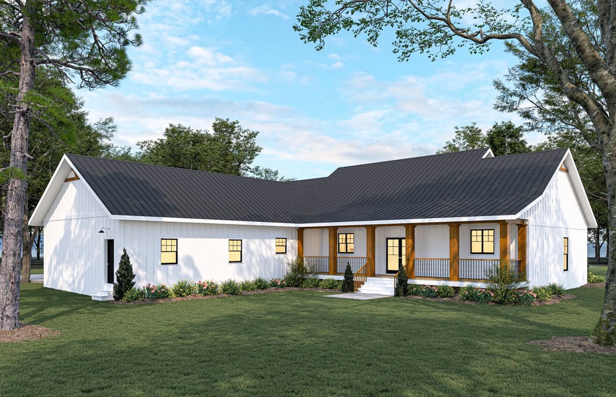 Modern Farmhouse house plan exterior with a covered porch, gables, and a metal roof.