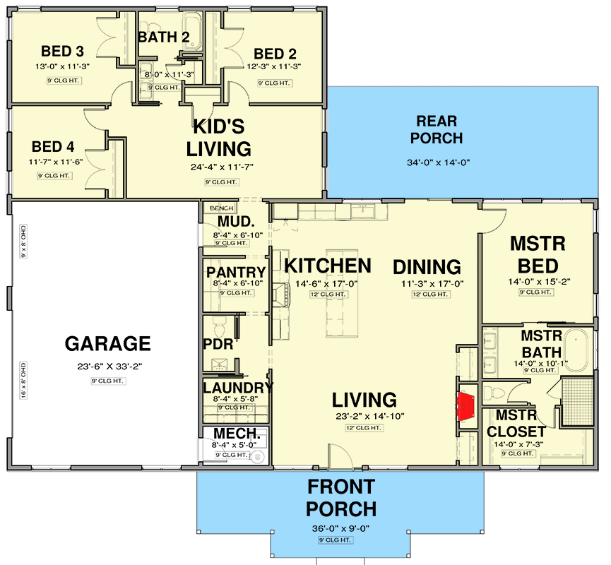 Plan 600015PDZ: 4-Bed Modern Farmhouse Ranch with Kid's Wing - 2524 Sq Ft - Floor Plan - Main Level - Barndominium, Country, Modern Farmhouse, Ranch