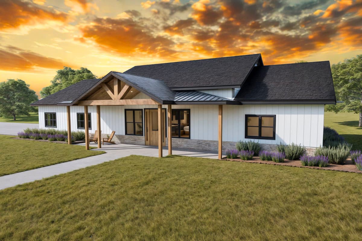House plan exterior: Modern Farmhouse, one story, with a covered porch, gabled roofline, and board-and-batten siding.