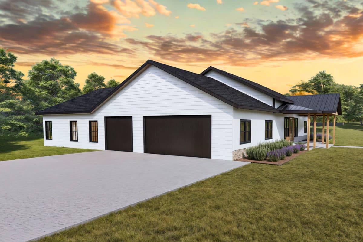 House plan exterior: Ranch style, white siding, two-car garage, covered entry with wooden posts, multiple gables.