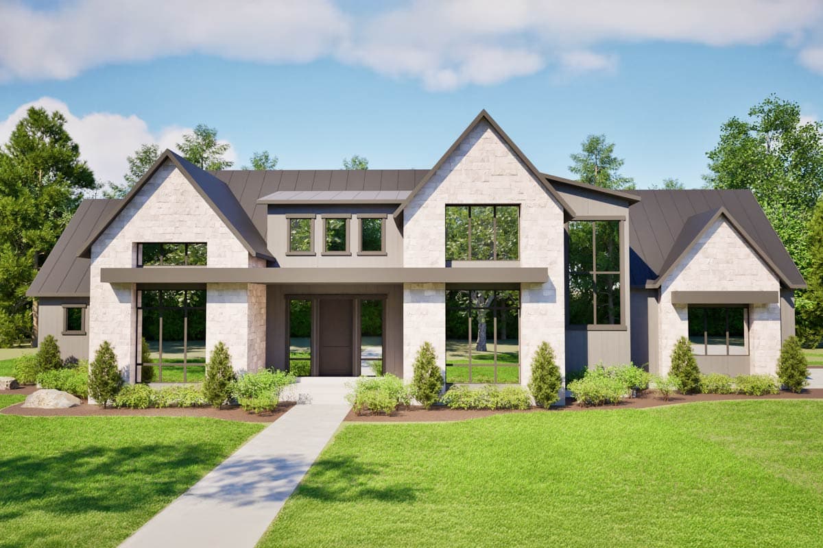 House plan exterior with modern farmhouse style. Two-story home with gabled roof, large windows, and covered entry porch.