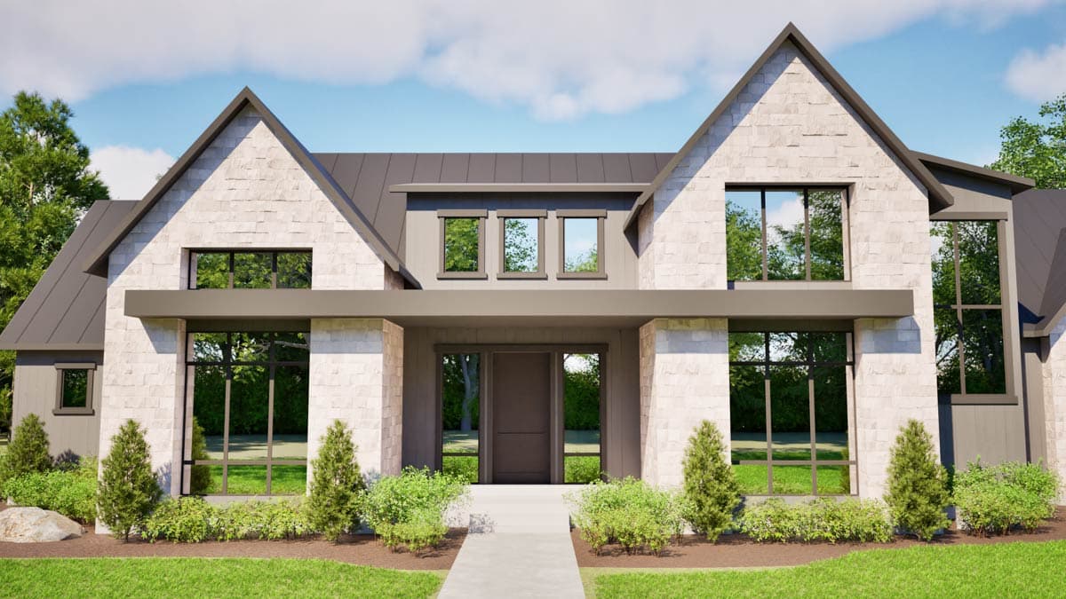 House plan exterior: Modern style, stone facade, gabled rooflines, prominent entry porch, and large windows.