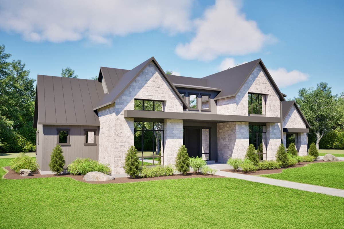 House plan exterior: Modern home with stone facade, metal roof, gables, and prominent windows.