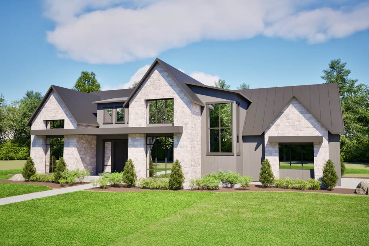 Modern house plan exterior with stone accents, dark metal roof, gables, and large windows.