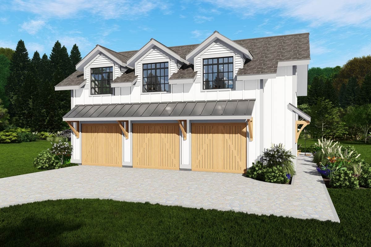 Modern Farmhouse house plan exterior with a three-car garage, dormers, and metal roof awnings.