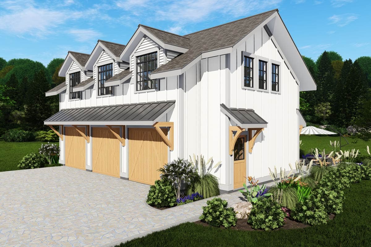 House plan exterior: Modern Farmhouse style, three-car garage, board and batten siding, multiple gables, and dormer windows.