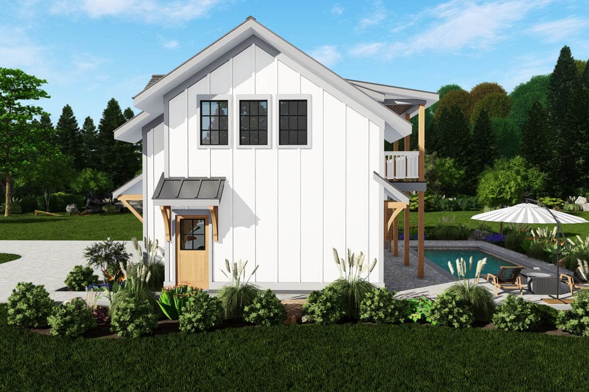 Modern Farmhouse house plan exterior with white vertical siding, gabled roof, small porch, and balcony with railing.