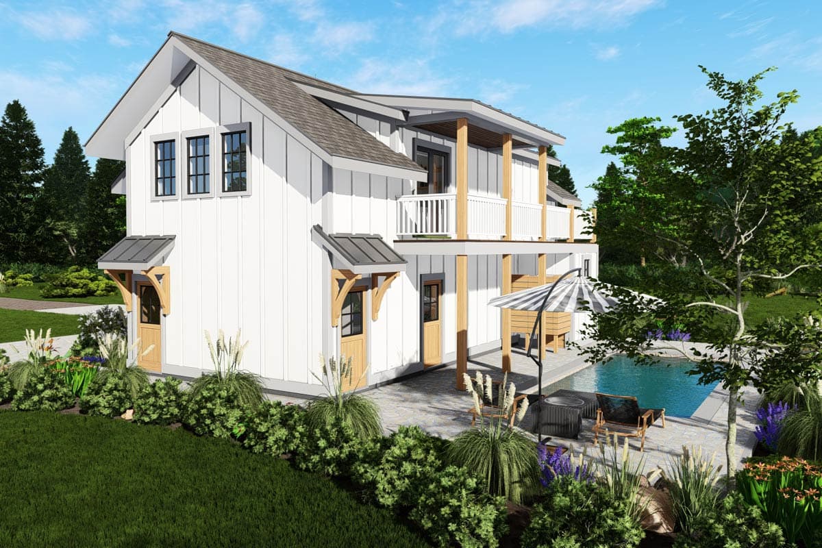 Modern Farmhouse house plan exterior, two stories, board and batten siding, gables, second-story balcony, and metal awnings.