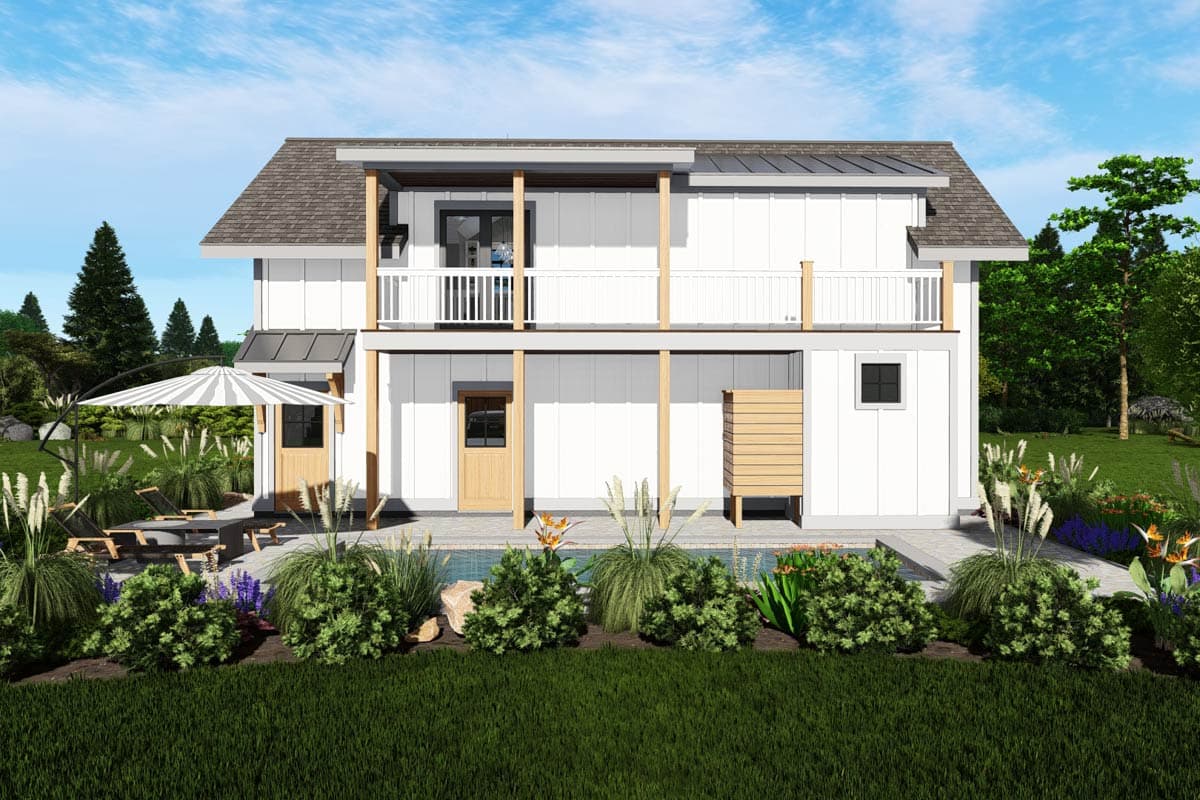 Modern Farmhouse house plan exterior, two stories, with a second-story balcony, visible entry doors, and a gabled roofline.
