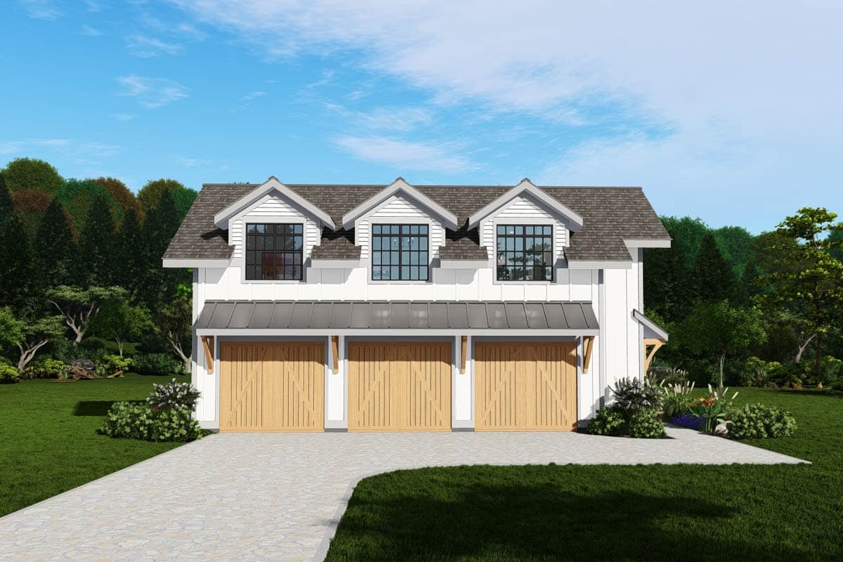 House plan exterior: Modern Farmhouse style, three-car garage, three dormer windows, and metal roof overhangs.