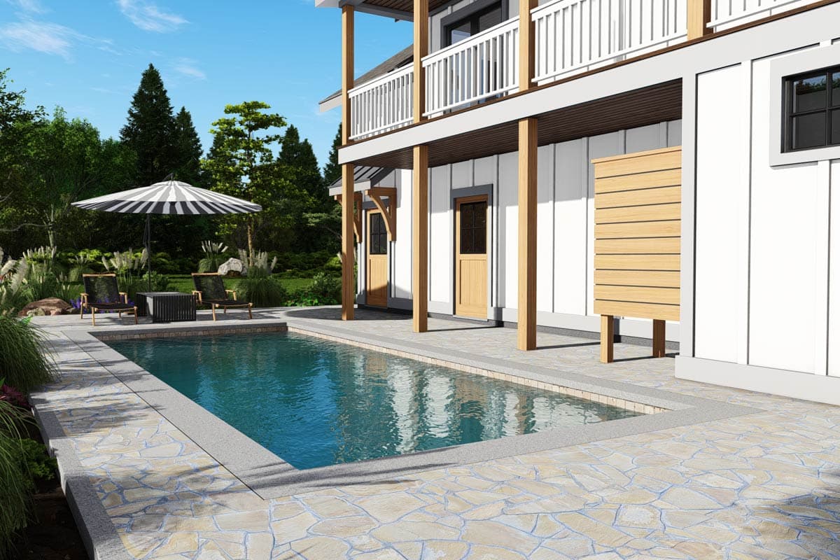 House plan exterior with a two-story balcony, wood posts, and a rectangular swimming pool.