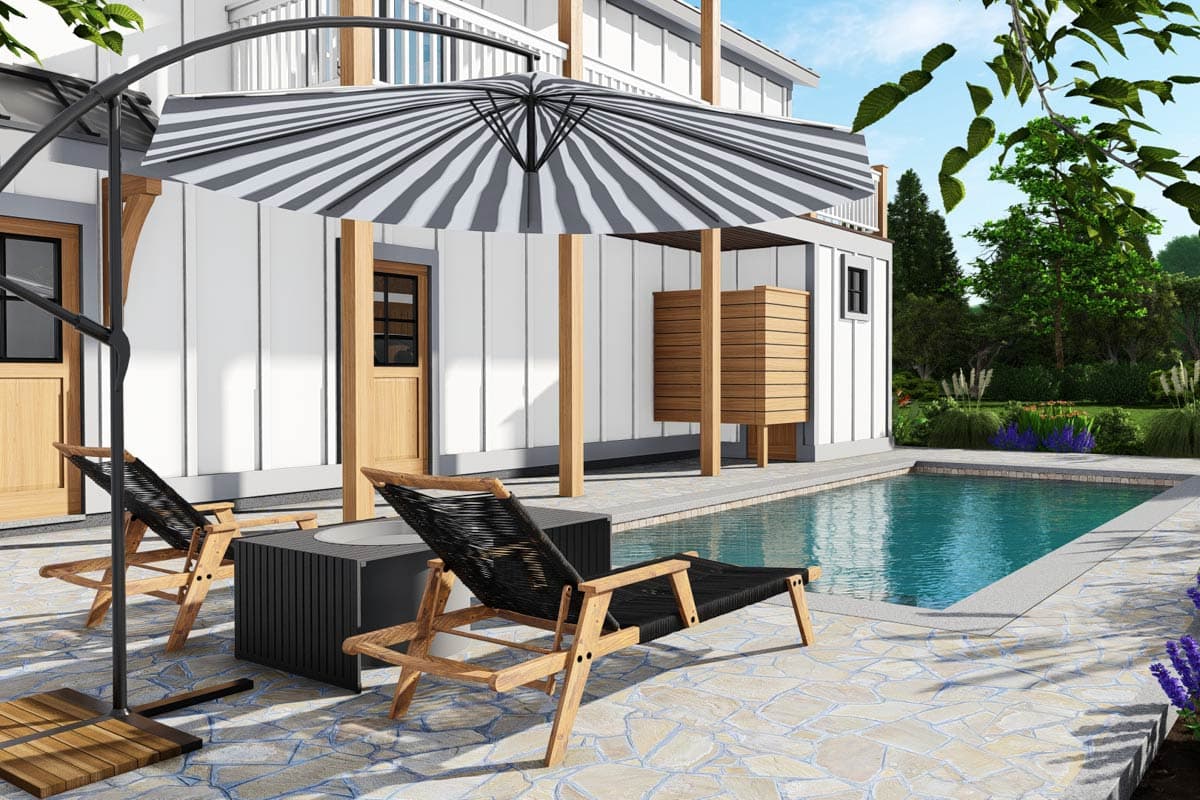 Modern house exterior with vertical siding, large windows, balcony, pool, and outdoor shower.