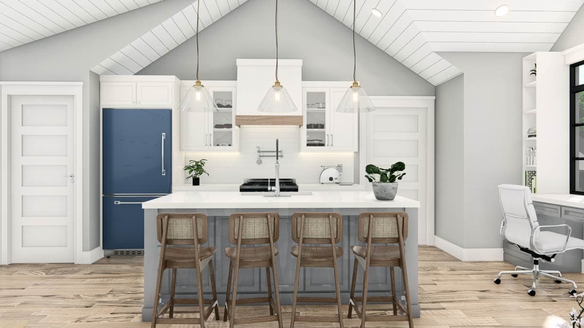 Interior rendering of a kitchen with island, blue refrigerator, white cabinetry, and a vaulted ceiling.