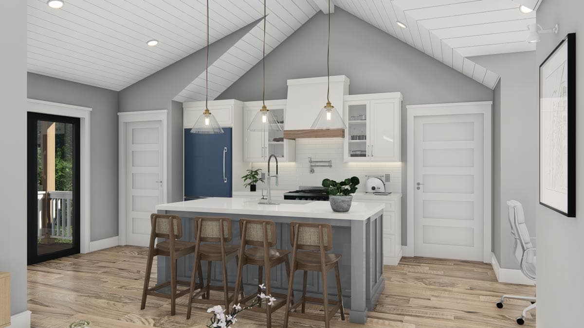 Interior rendering of a kitchen featuring a large island, white cabinetry, a blue refrigerator, and vaulted, wood-paneled ceiling.