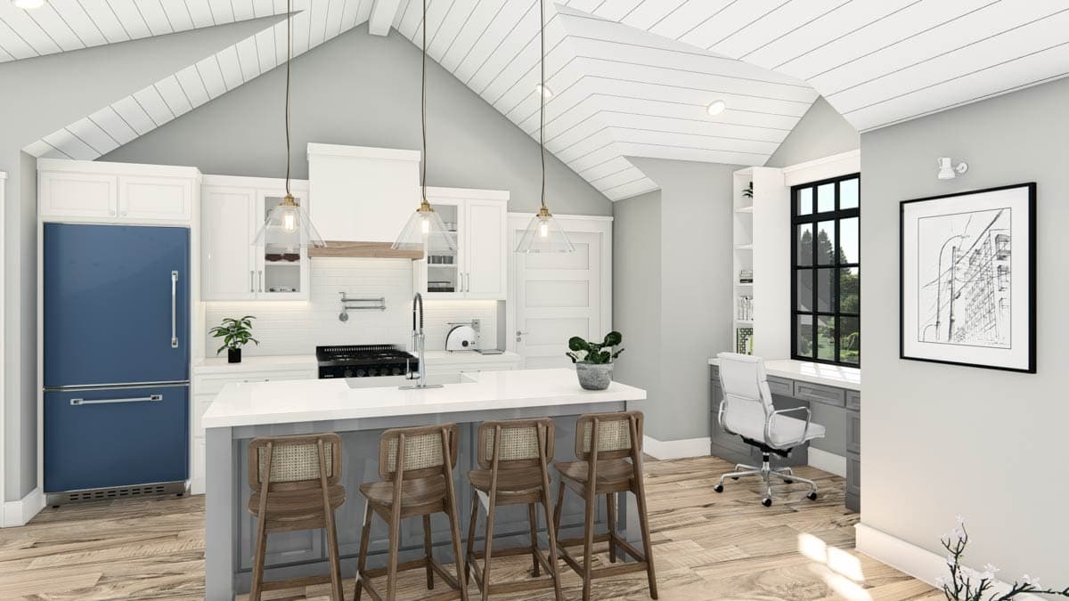 Kitchen with island, range, and white cabinetry, featuring vaulted wood-paneled ceiling and a built-in desk area.
