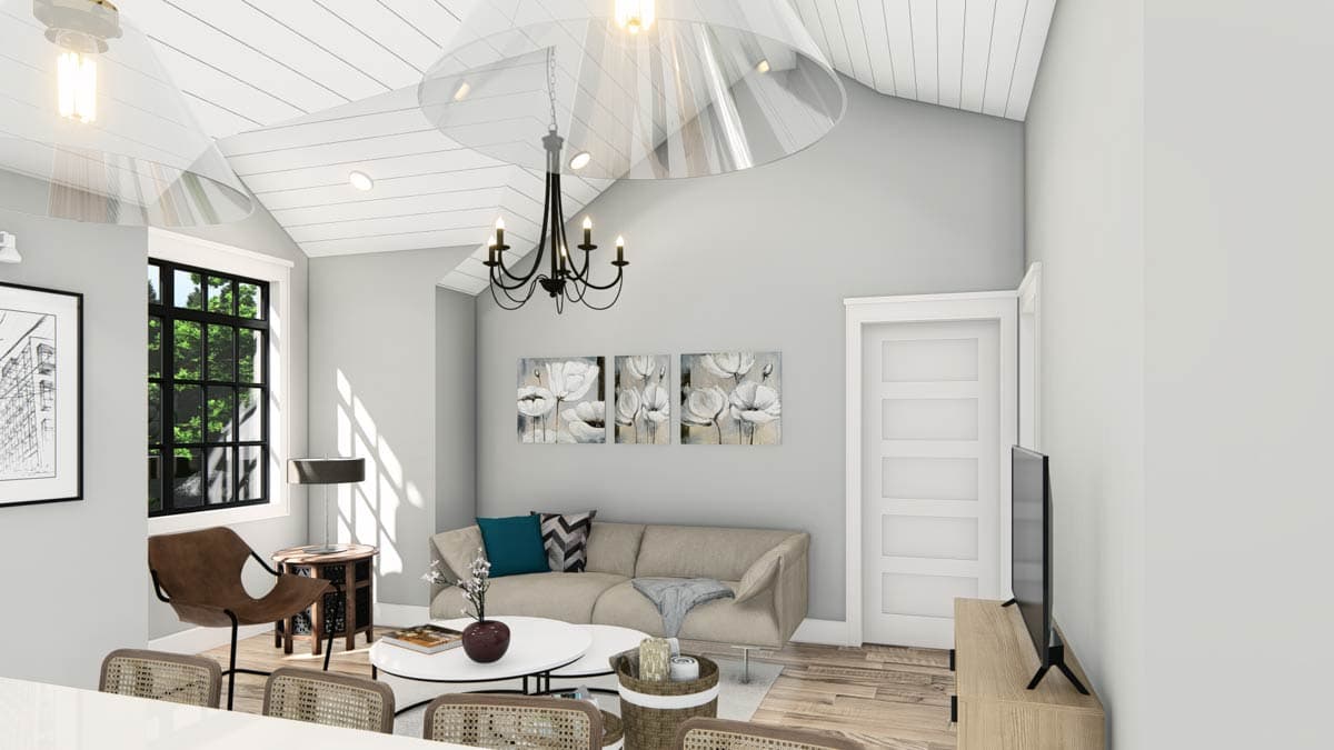 Living room interior rendering with vaulted plank ceiling, chandelier, large window, sofa, and modern furniture.