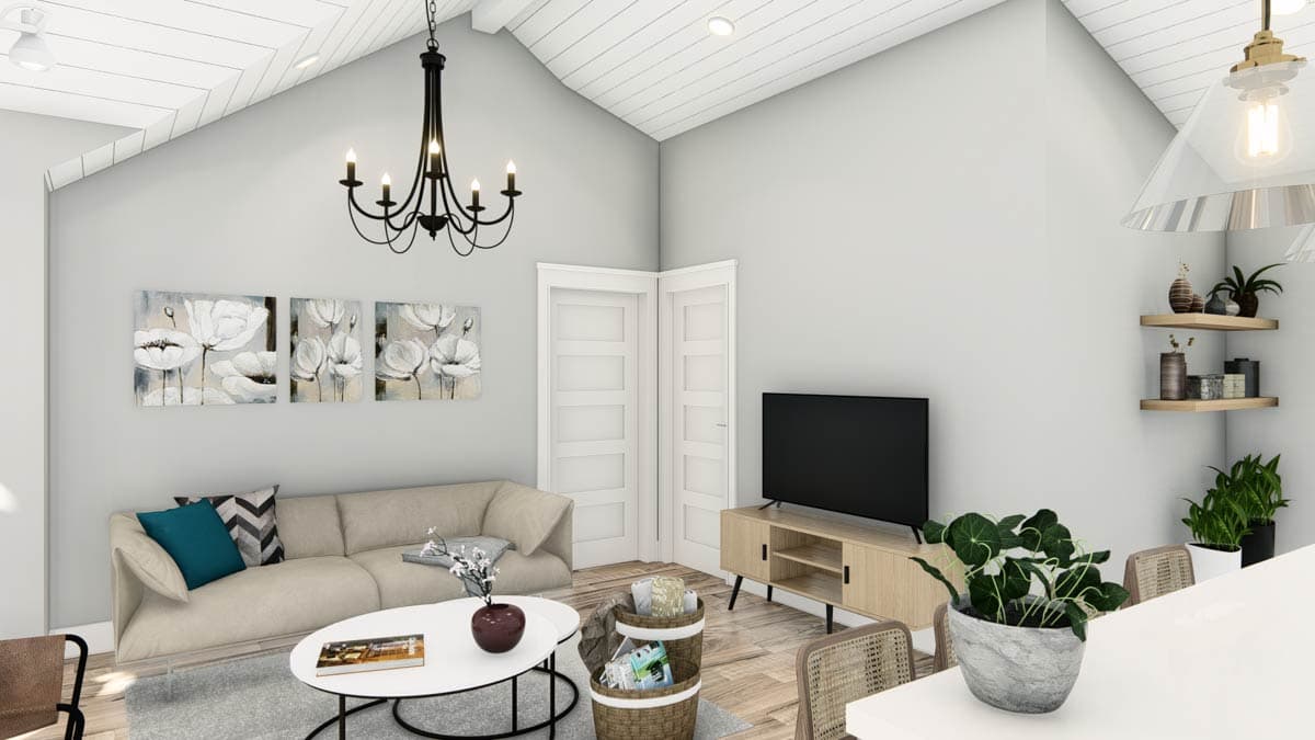 Interior rendering of a living room with vaulted beamed ceiling, sectional sofa, modern media console, and floral wall art.