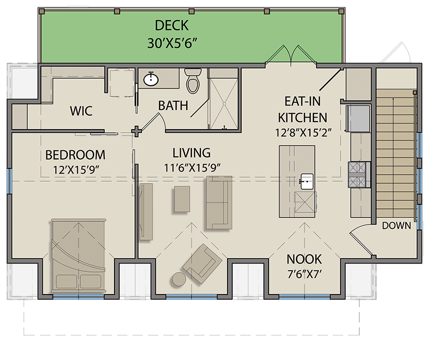 Plan 25448TF: New American Garage Apartment with 1-Bed Attached Apartment - 893 sq Ft - Floor Plan - 2nd Floor - Carriage, Country, Craftsman, New American