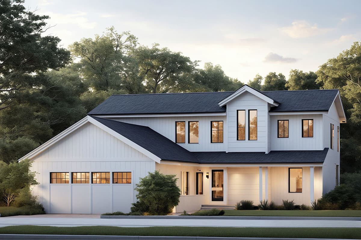 Two-story Modern Farmhouse house plan exterior. Features include a front porch, gables, and a three-car garage with a side-facing orientation.