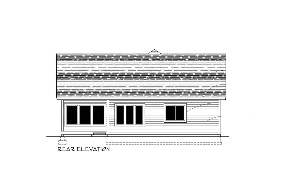 Rear elevation drawing of a house plan with a pitched roof, clapboard siding, and three distinct window arrangements.