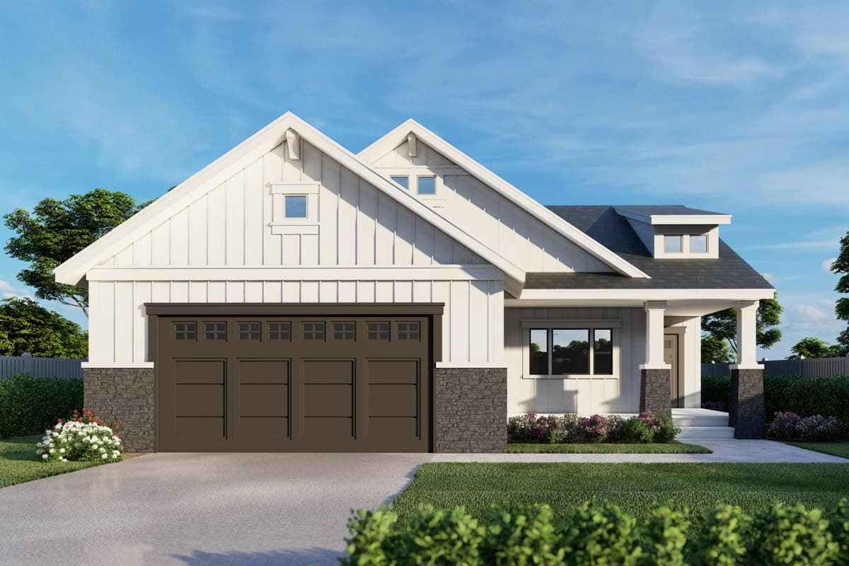 House plan exterior: Modern Farmhouse style with two stories. Features include gable rooflines, a front porch, and a garage with a dark-colored door.