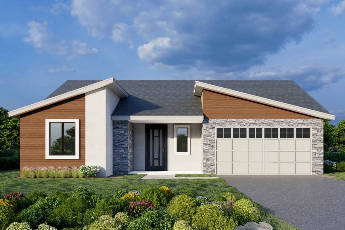 House plan exterior with stone veneer accents, flat roofline, and attached garage. Includes brown siding and a large picture window.
