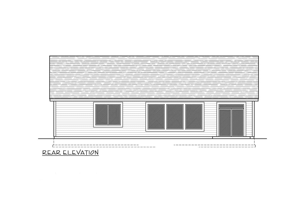 Rear elevation drawing of a house plan showing a gabled roof, horizontal siding, four windows, and a sliding glass door.