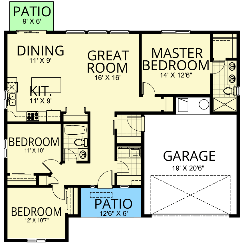 Plan 267075SPK: 3-Bed Contemporary Ranch House Plan Under 1400 Sq Ft - Floor Plan - Main Level - Contemporary, Ranch