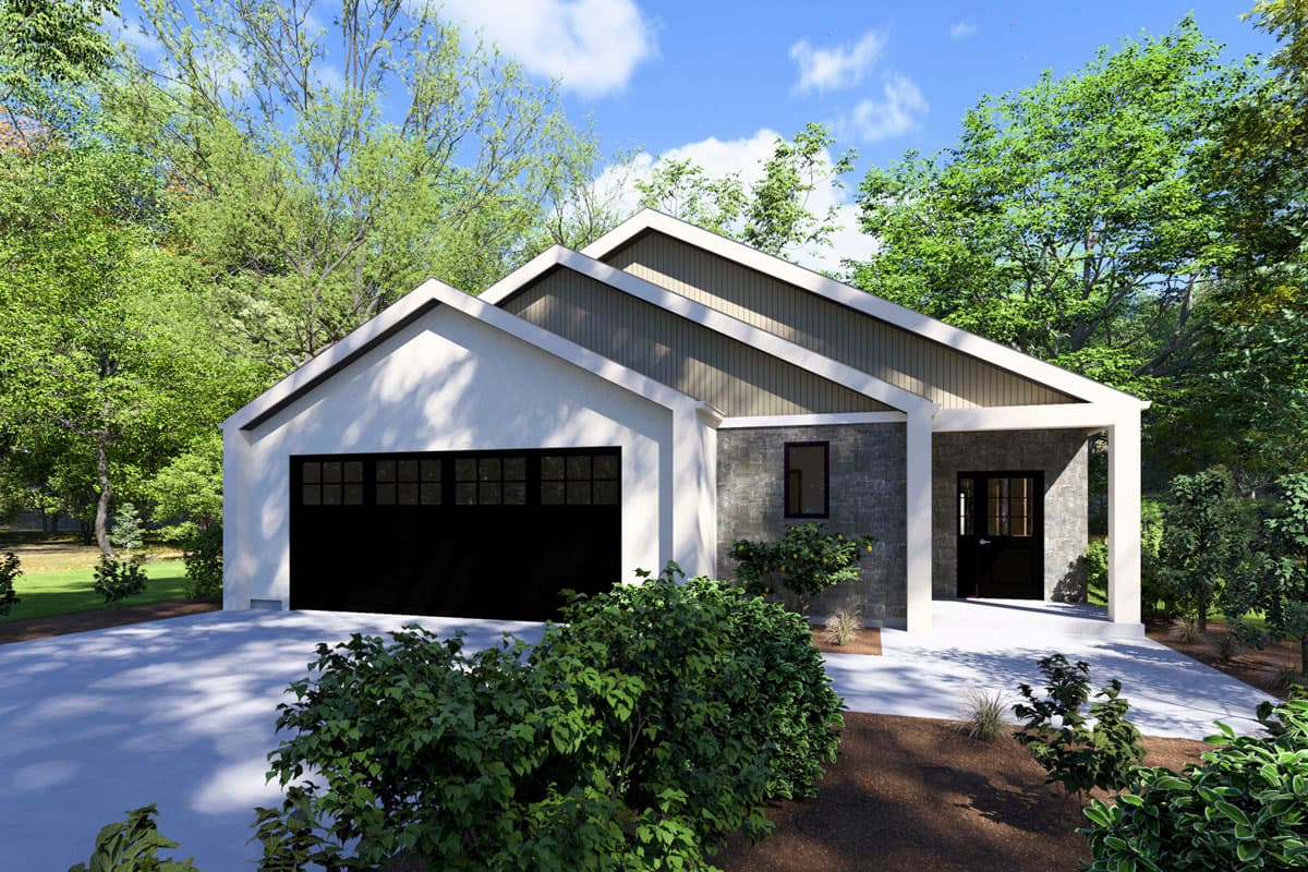 House plan exterior with modern style, one story, a gabled roof, a covered entry, and a garage door.