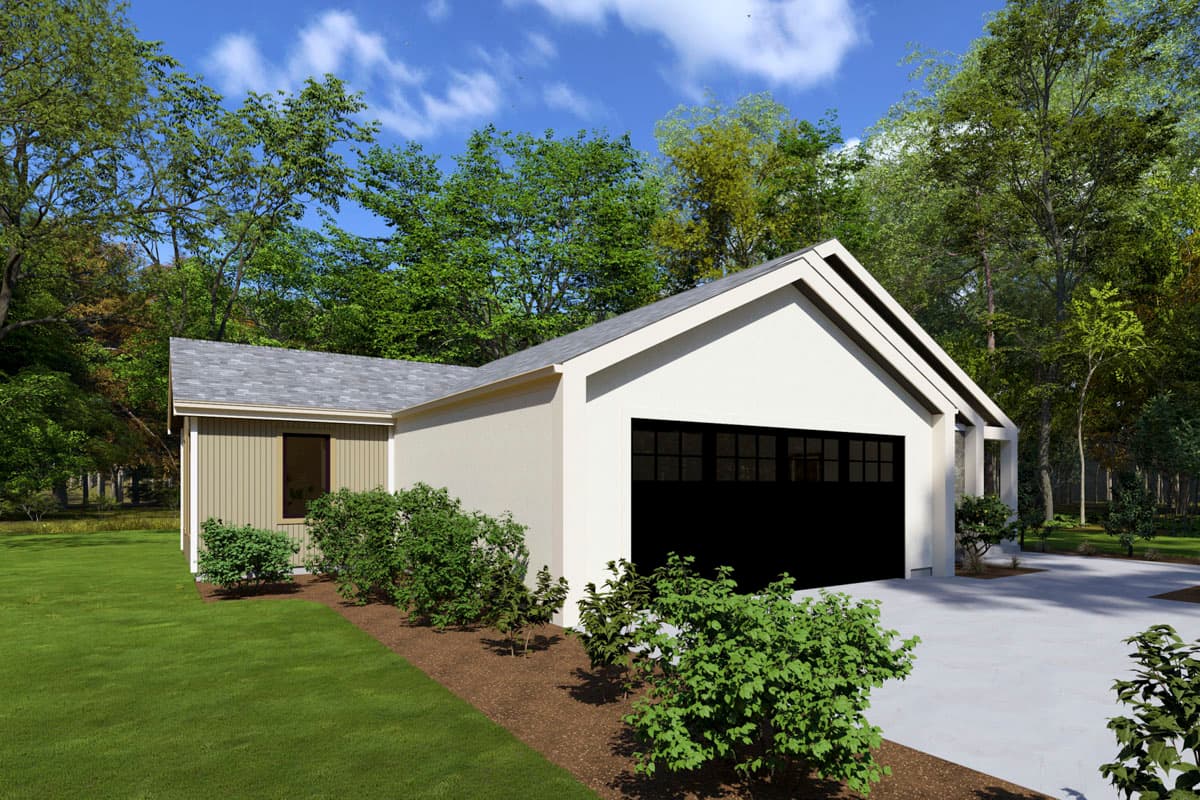 House plan exterior: Modern style with a main-level two-car garage, gable roofline, and beige siding.