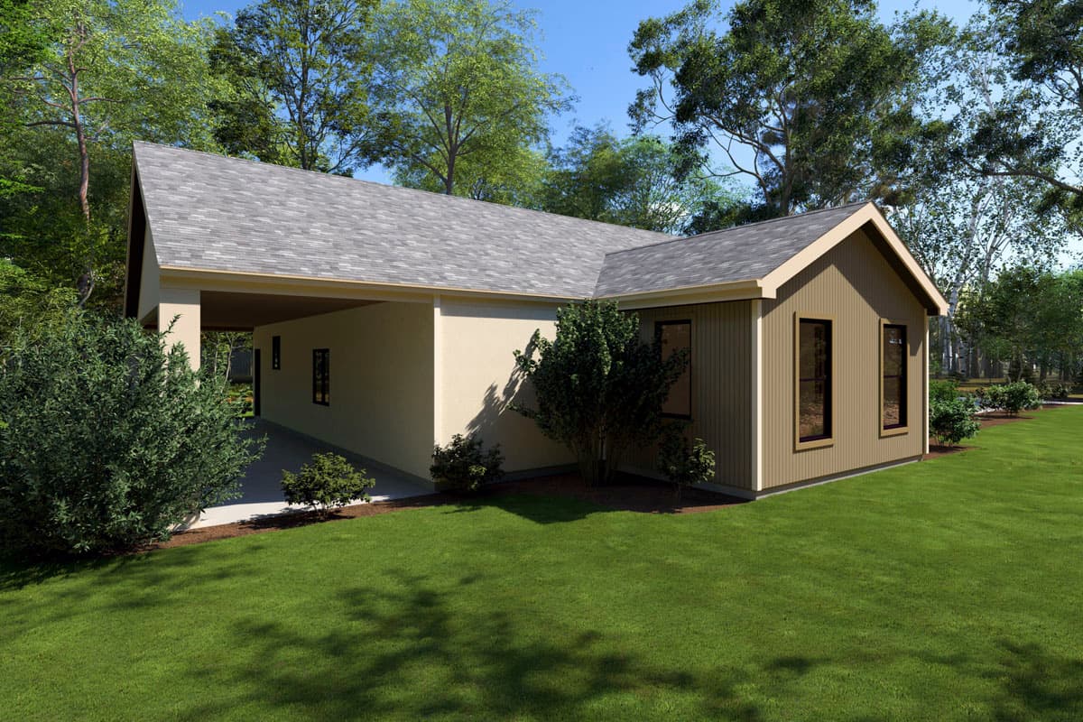 House plan exterior of a one-story home with a carport, gabled roofline, and tan siding.