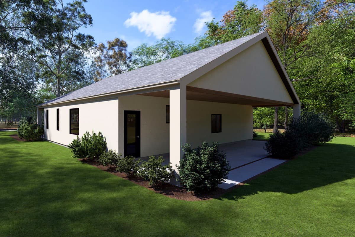 One-story house plan exterior with a covered carport, simple gables, and minimal windows.