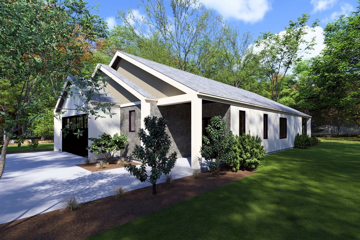 Modern Ranch house plan exterior with a single-story design, gabled rooflines, prominent porch, and side-facing garage.