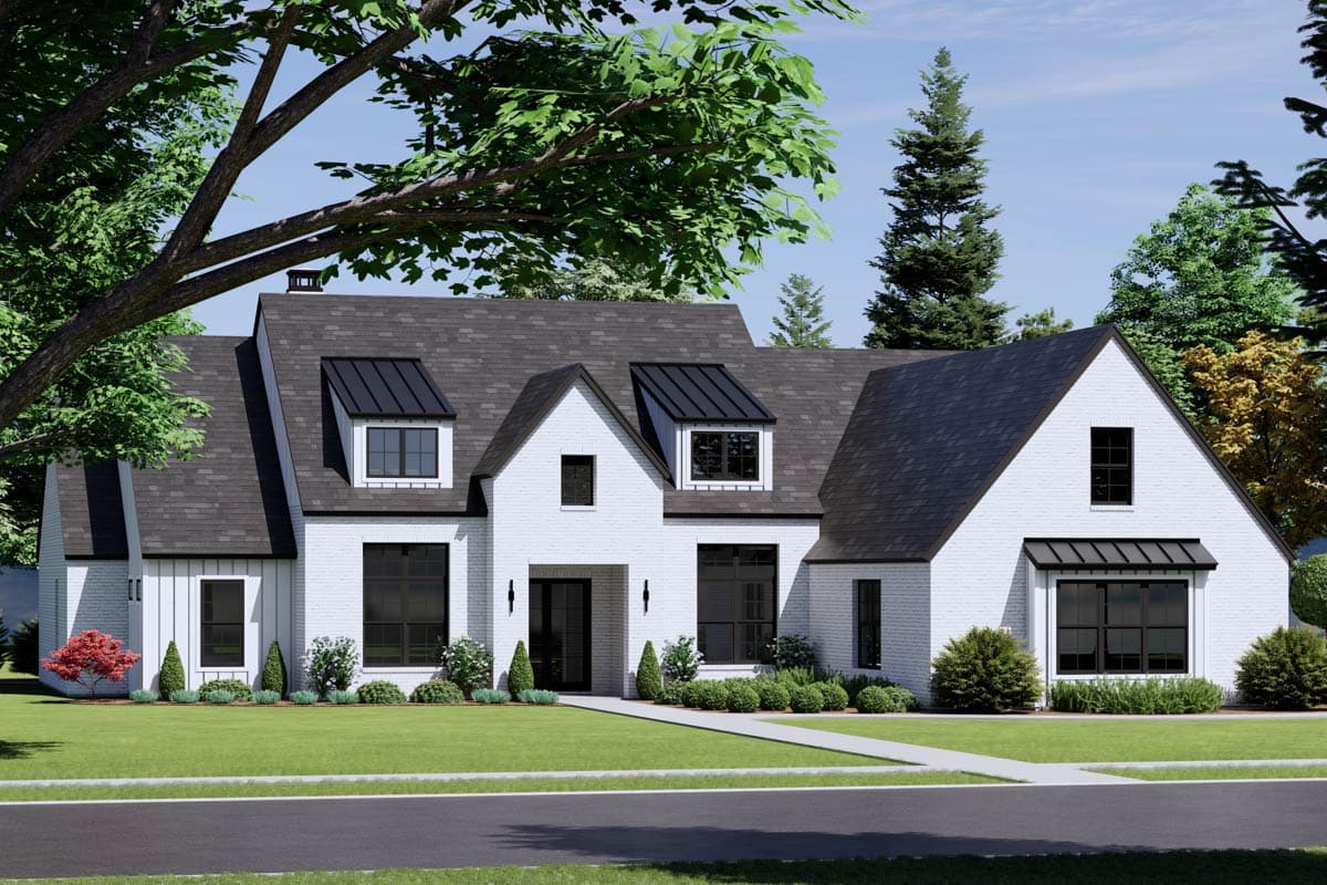 Modern Farmhouse style house plan exterior with white brick, black metal dormers, gables, and board and batten siding.