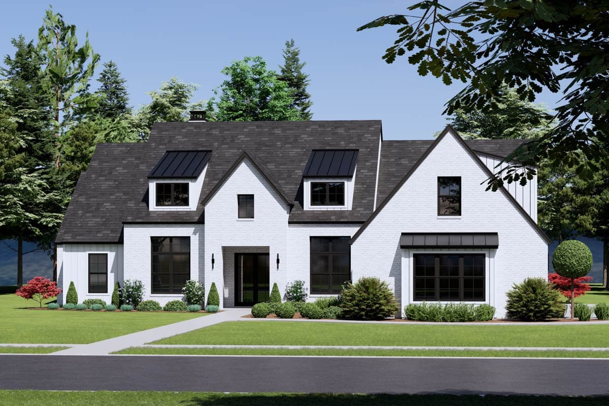 House plan exterior rendering. Two-story Modern Farmhouse with gabled roof, dark window frames, and black metal awnings.