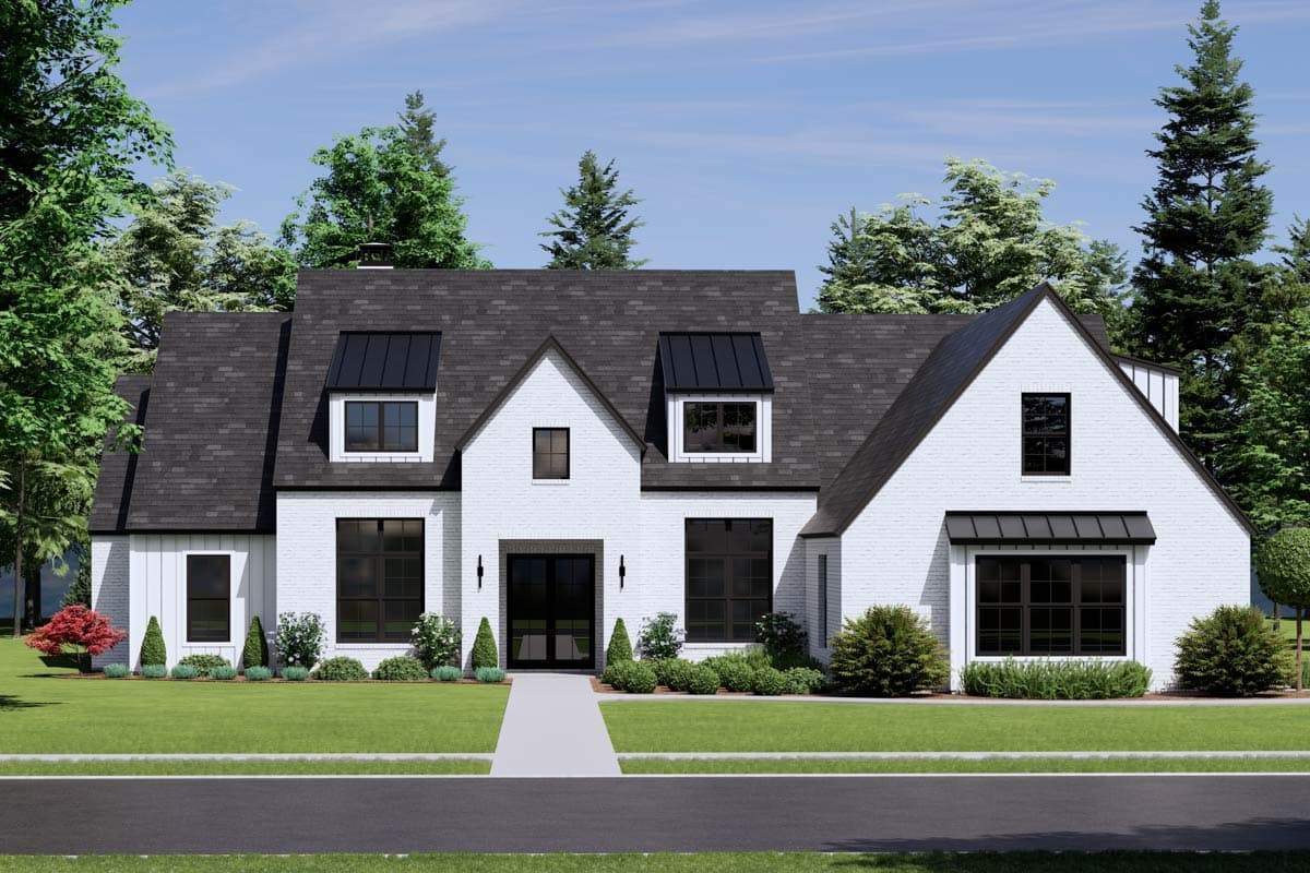 House plan exterior: Modern Farmhouse style, white brick, dark roof, multiple gables, dormers with metal awnings, and vertical siding.