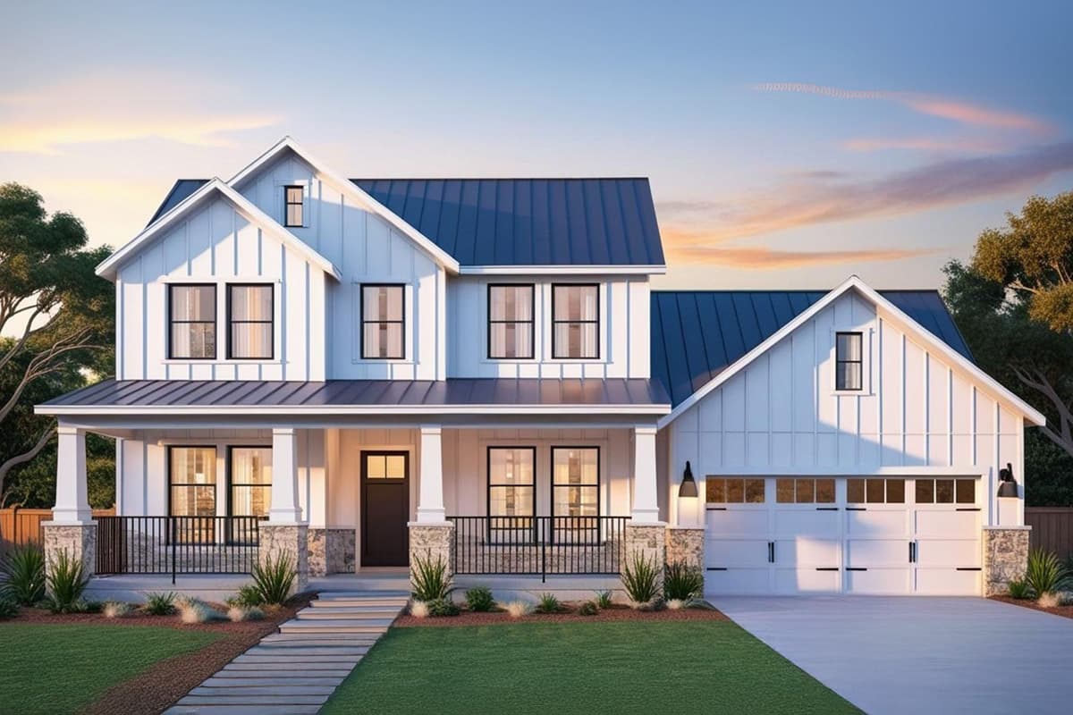 House plan exterior. Two-story Modern Farmhouse with a front porch, gables, and a garage. Features board and batten siding and a dark blue roof.