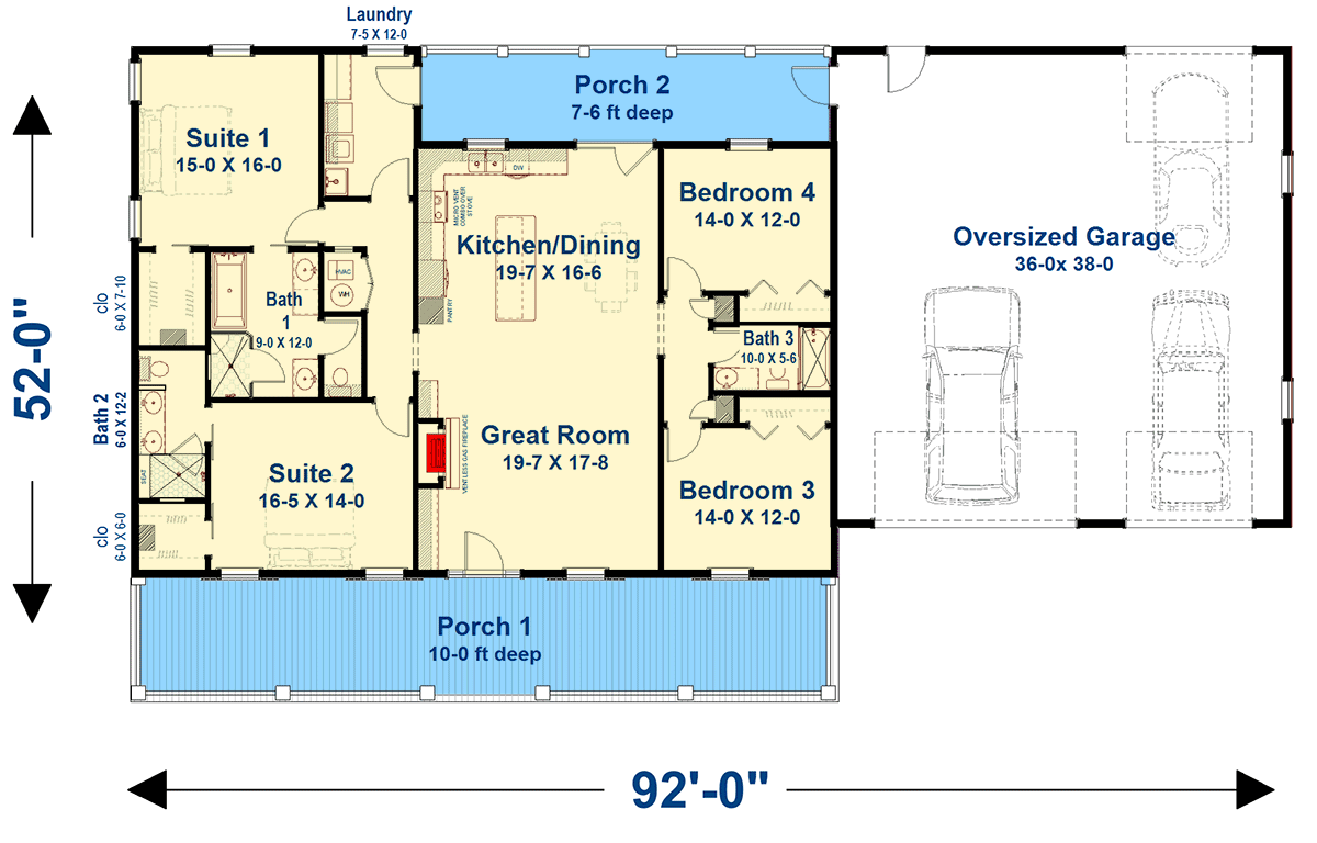 Plan 25063DH: Single-Story Country Ranch Farmhouse Plan with 2 Master Suites - 2096 Sq Ft - Floor Plan - Main Level - Country, Farmhouse, Ranch