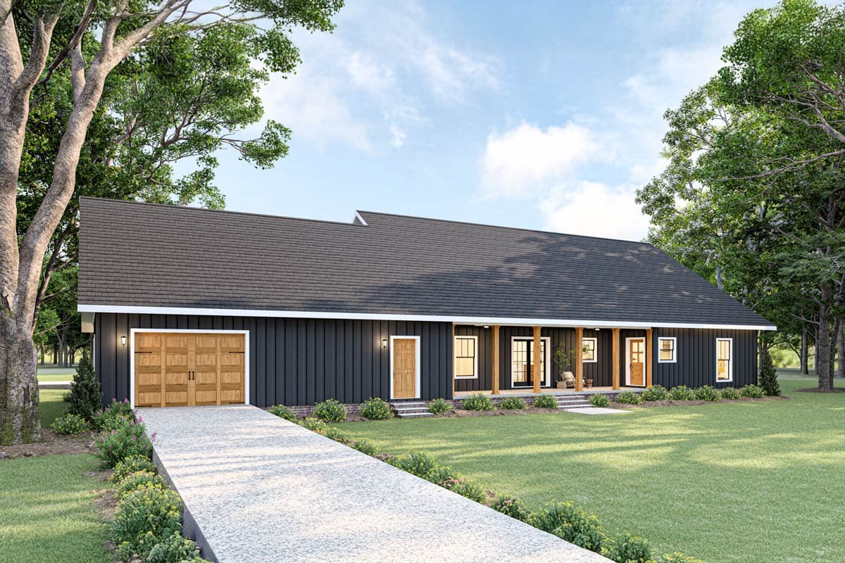House plan exterior: Modern Ranch style, one story, featuring a dark vertical siding, covered porch with wood columns, and a side-entry garage.