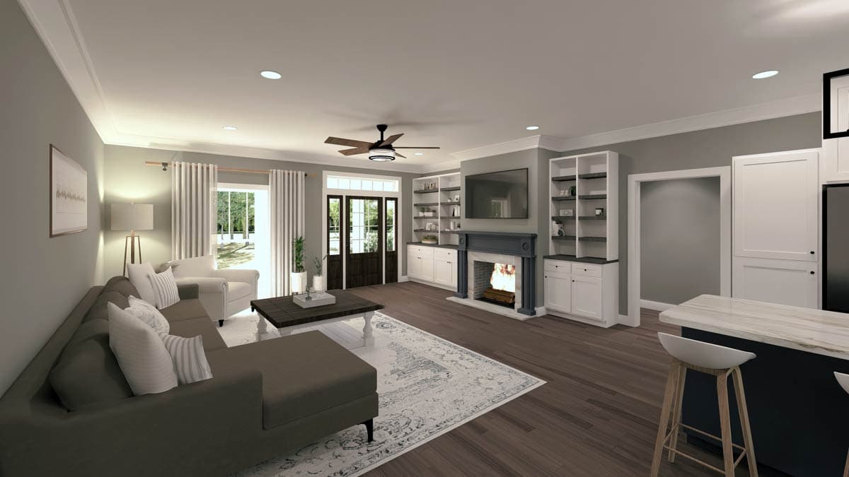 Interior rendering: Living room with sectional sofa, fireplace, built-in shelving, ceiling fan, and kitchen island.