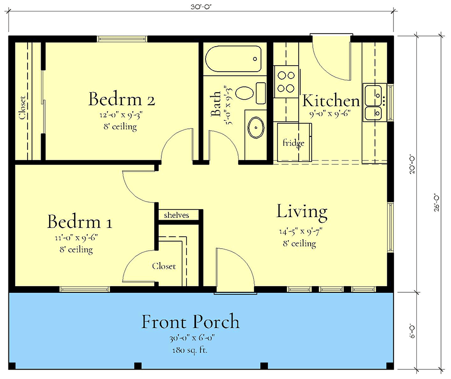 Plan 833053WAT: 2-Bed ADU Cottage House Plan Under 600 Sq Ft - Floor Plan - Main Level - Cottage, Ranch