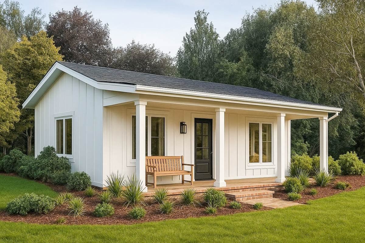 House plan exterior. One-story modern farmhouse with a covered porch supported by columns. Features include board and batten siding and a gable roof.