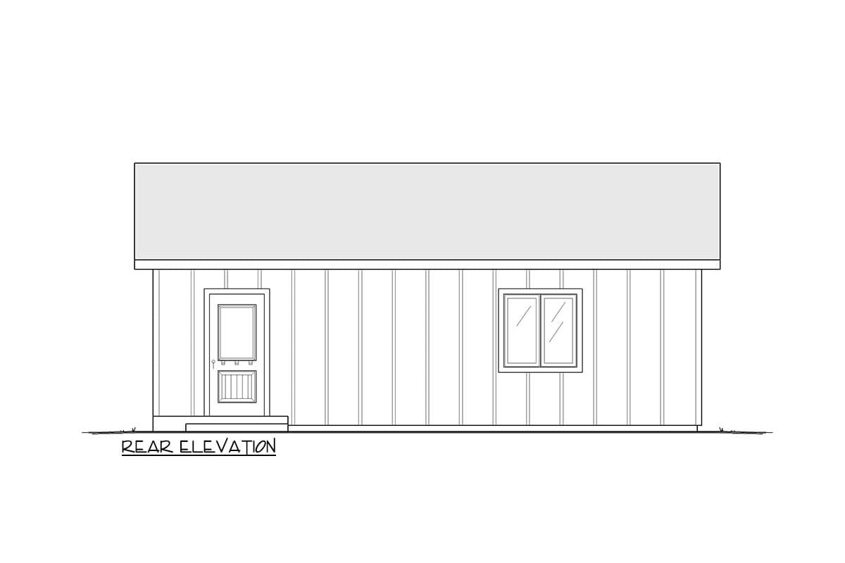 Rear elevation drawing of a house plan showing a single door, one window, and vertical siding.