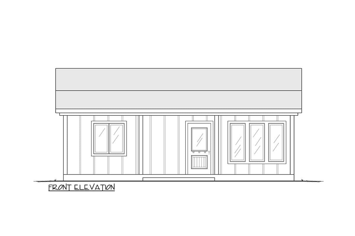 Front elevation drawing of a one-story house plan with a central door and three windows across the facade.